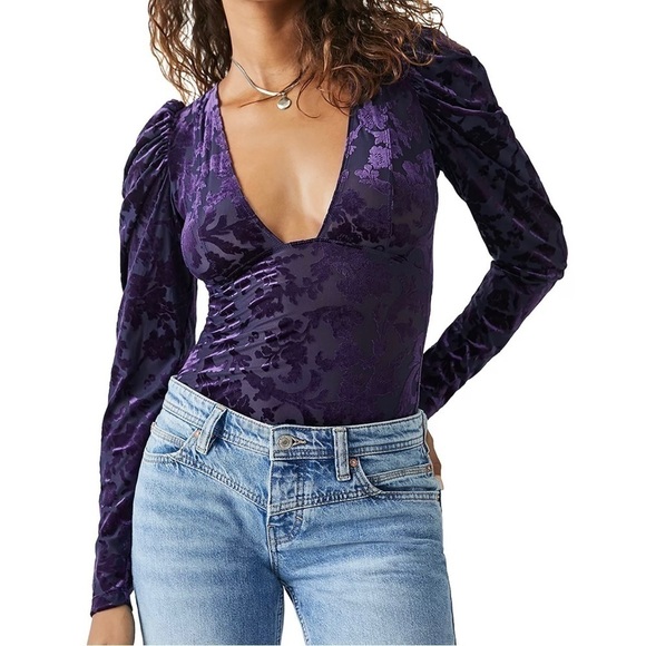 Free People Magic Hour Bodysuit Deep Sea Combo Purple Size Small NWT - Picture 3 of 6